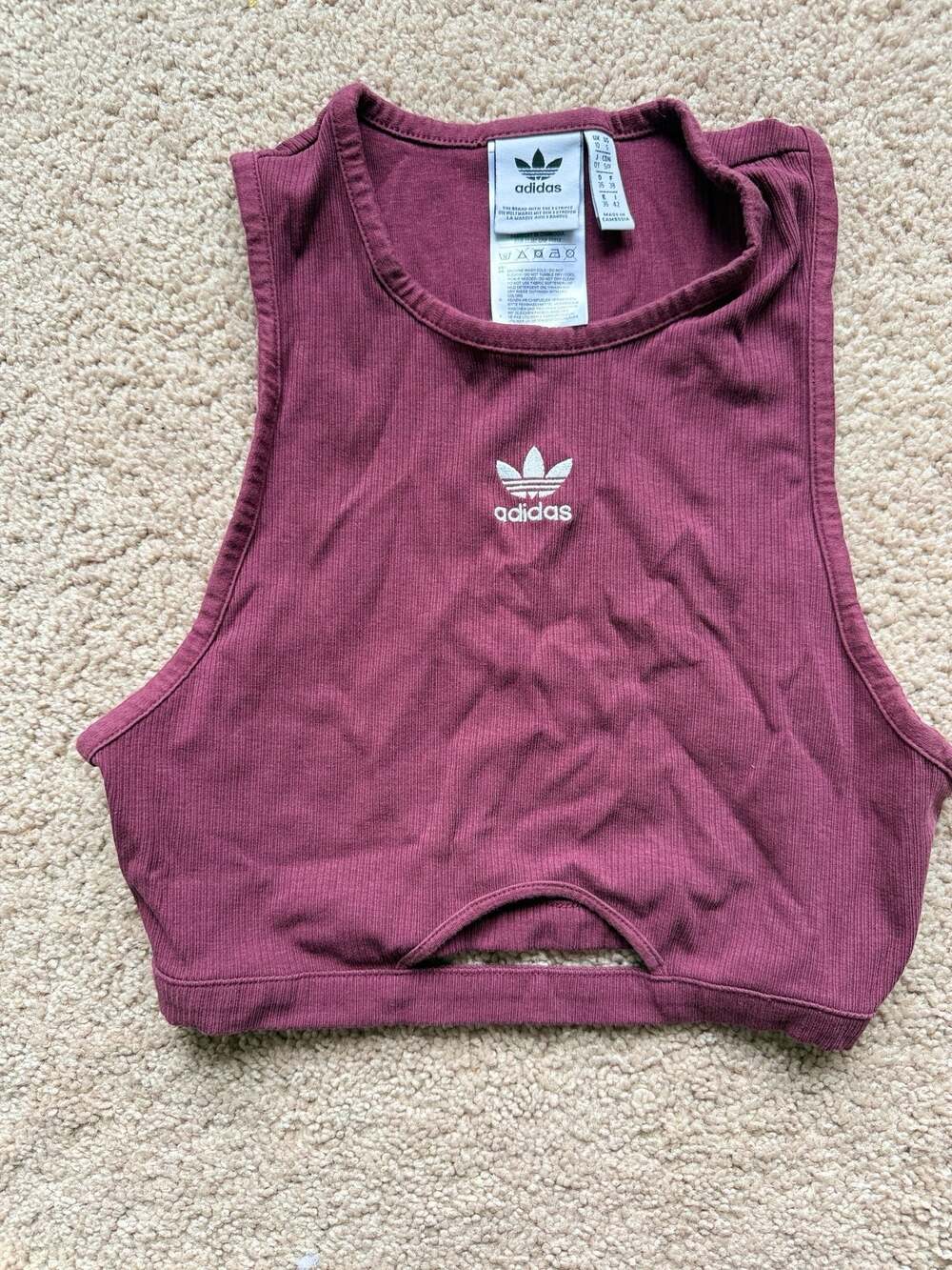 Adidas Originals Ribbed Tank Top Burgundy Crop Cutout Crop Top Size S